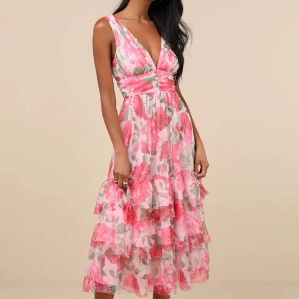 Lulu's Pink and White Ruffled Tiered Midi Dress
